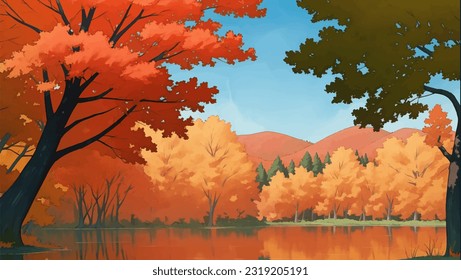 Lake Surrounded by Mountains and Autumn Trees Hand Drawn Painting Illustration