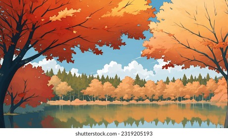 Lago Rodeado de Montañas y Árboles de Otoño Dibujando Ilustración