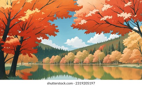 Lake Surrounded by Mountains and Autumn Trees Hand Drawn Painting Illustration