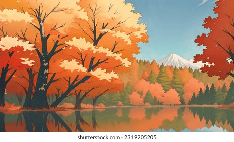 Lake Surrounded by Mountains and Autumn Trees Hand Drawn Painting Illustration