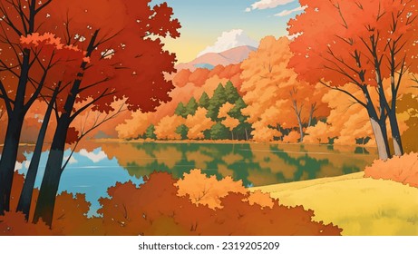 Lake Surrounded by Mountains and Autumn Trees During Sunrise or Sunset Scenery Hand Drawn Painting Illustration