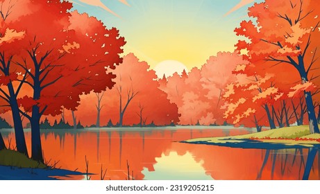 Lake Surrounded by Mountains and Autumn Trees During Sunrise or Sunset Scenery Hand Drawn Painting Illustration