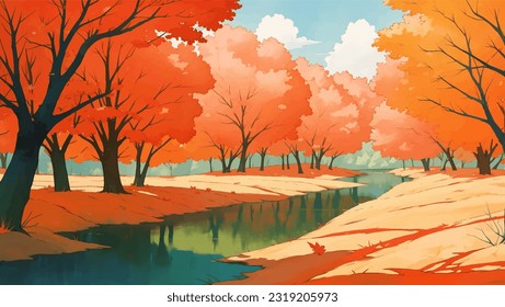 Lake Surrounded by Mountains and Autumn Trees Hand Drawn Painting Illustration