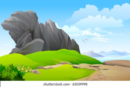 LAKE  SURROUNDED BY ROCK AND HILLS