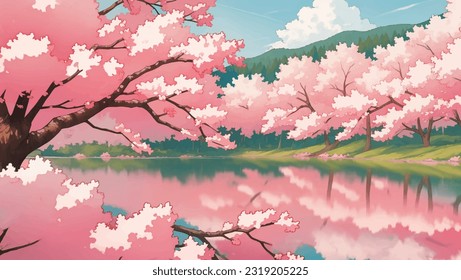 Lake Surrounded by Sakura Trees Cherry Blossoms Hand Drawn Painting Illustration