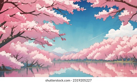 Lake Surrounded by Sakura Trees Cherry Blossoms Hand Drawn Painting Illustration