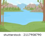 Lake surrounded by snow capped mountains flat color vector illustration. Waterfront vacation. Romantic getaway along water 2D simple cartoon landscape with green spruces on background