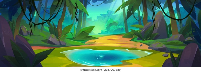 Lake or swamp in forest surrounded by trees, bushes, stones and green grass. Cartoon vector illustration of woods or jungle landscape with water pond. Summer fantasy game scene of woodland with marsh.