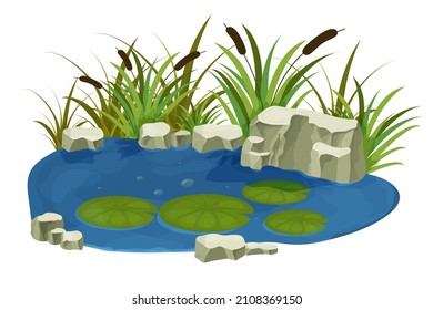 Lake, swamp with stones, bulrush lily leaves in cartoon style isolated on white background. Forest fantasy scene, wild nature. svg