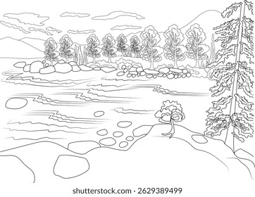 Lake Tahoe Landscape Line Art Illustration, Simple black and white line art illustration depicting a serene landscape scene reminiscent of Lake Tahoe, California, featuring a body of water, rocks,