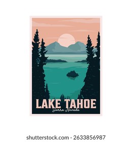 lake tahoe paradise adventure vintage poster illustration design, landscape scenic of lake tahoe nevada nature design