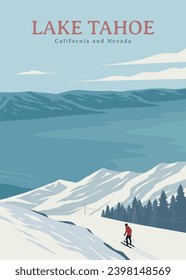 lake tahoe ski resort travel poster vintage design, lake tahoe winter view nevada and california svg