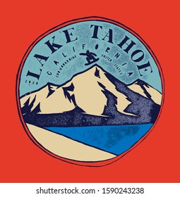 Lake tahoe ski resort vintage label witha snowboarder jumping over the mountain. svg