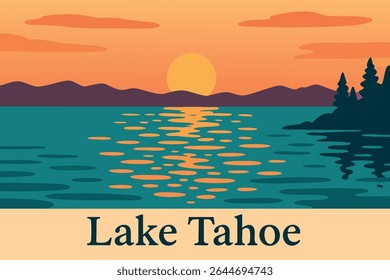 Lake Tahoe at sunset, where the calm waters reflect the warm glow of the evening sun, creating a peaceful and serene lakeside retreat.