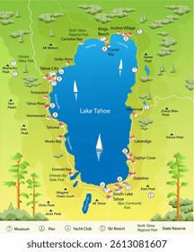 Lake Tahoe (United States) tourist map. Education vector art illustration
