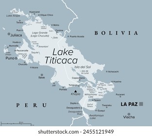 Lago Titicaca, mapa político gris. Grande lago de agua dulce en los Andes en la frontera de Bolivia y Perú. A menudo se le llama el lago navegable más alto del mundo y el más Grande de Sudamérica.