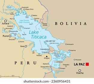 Titicaca-See, politische Landkarte. Grosser Süßwassersee in den Anden Bergen an der Grenze zu Bolivien und Peru. Oft als der höchste schiffbare See der Welt und der größte See Südamerikas bezeichnet.