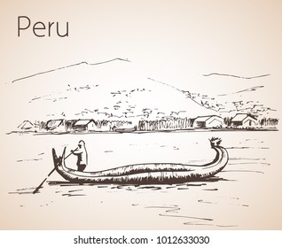 Lake Titicaca wirh national boat totora  Peru  Isolated white background 