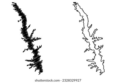 Embalse de copas del lago Toledo (Estados Unidos de América, Norteamérica, ee.uu., ee.uu., Texas y Luisiana) mapa de ilustración vectorial, dibujo de dibujos de dibujos y dibujos del mapa de la presa de Toledo Bend