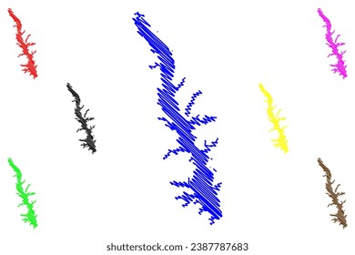 Embalse de copas del lago Toledo (Estados Unidos de América, Norteamérica, ee.uu., ee.uu., Texas y Luisiana) mapa de ilustración vectorial, dibujo de dibujos de dibujos y dibujos del mapa de la presa de Toledo Bend