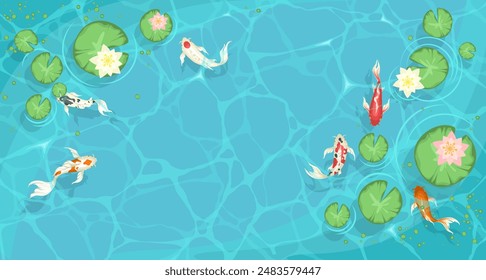 Lake top view background with swimming koi fish