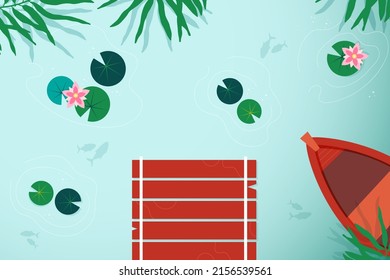 Lake top view. Background of lake with waterlilies, fishes and wooden rowboat. Vector illustration. 