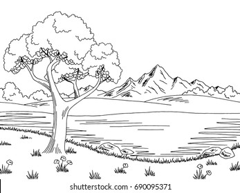 Lake tree graphic black white landscape sketch illustration vector