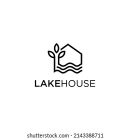 Lake and tree house logo vector