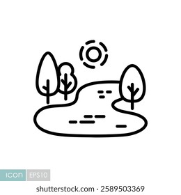 Lake with trees along the shore vector icon. Nature sign. Graph symbol for travel and tourism web site and apps design, logo, app, UI