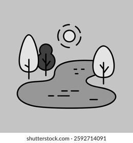 Lake with trees along the shore vector grayscale icon. Nature sign. Graph symbol for travel and tourism web site and apps design, logo, app, UI
