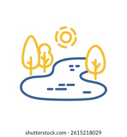 Lake with trees along the shore vector icon. Nature sign. Graph symbol for travel and tourism web site and apps design, logo, app, UI