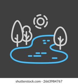 Lago com árvores ao longo do ícone de vetor da costa no fundo escuro. Sinal de natureza. Símbolo gráfico para site de viagens e turismo e design de aplicativos, logotipo, aplicativo, UI