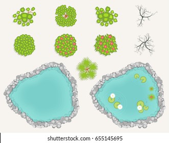 Lake and trees set in top view. Pond, decorative pool with rocks, plants, reeds and fish. Set of green, and burnt trees for architectural and landscape design Cartoon style, view from above. Vector