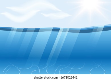 Lake underwater surfaces. Relax blue horizon background. Ocean deep water, sea under water level, sun rays blue wave horizon. Water surface 3D vector concept