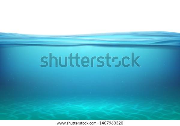 Lake underwater surfaces. Relax blue\
horizon background under surface sea, clean natural view bottom\
pool with sun rays. Vector illustration\
ocean