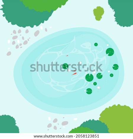 Lake upper view. Small blue decorative pond with white water lilies, bulrush plants, stones around, and fishes. Top view of the pond. Landscape top view. Lake in a forest. Vector flat illustration