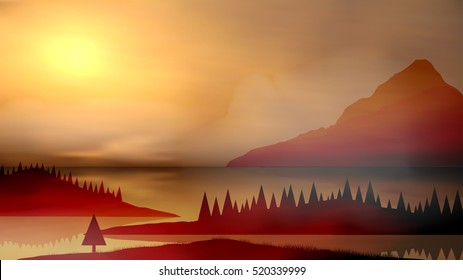 Lake Valley Sunrise Landscape - Vector Illustration