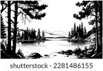 Lake vector black line illustration isolated white. Sketch art