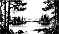 Lake Vector Black Line Illustration Isolated White. Sketch Art