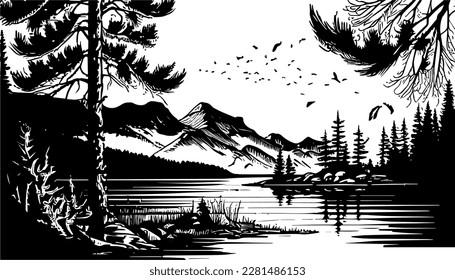 Lake vector black line illustration isolated white. Sketch art