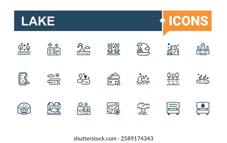 Lake vector icon set. It contains symbols to countryside, house, country, river, park and more. Minimalistic icons. Solid line editable stroke. Vector line and solid icons.