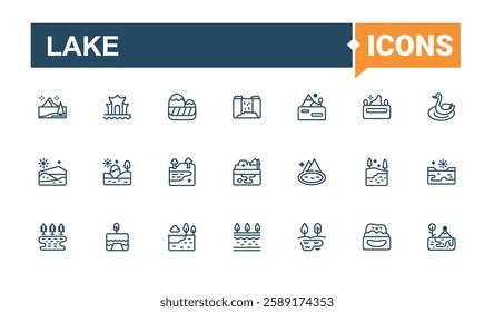 Lake vector icon set. It contains symbols to countryside, house, country, river, park and more. Minimalistic icons. Solid line editable stroke. Vector line and solid icons.