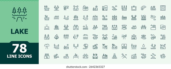 Lake vector icon set. River icon set in linear style. Minimalist icons collection. Contains outline symbols like land, nature, park, city, field and more. Vector artwork and illustration.