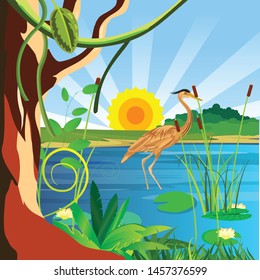 Lake vector landscape, heron and waterfowl, vector illustration