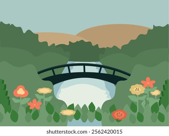 lake view bridge flowers vector