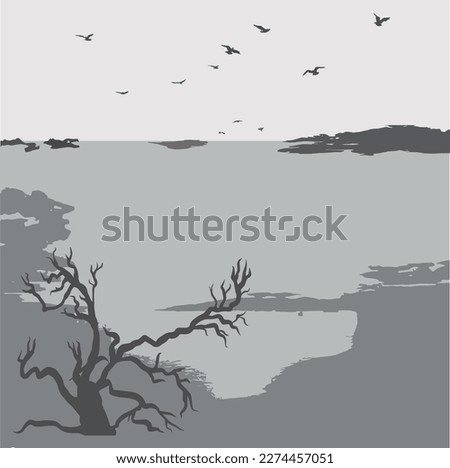 Lake view, gray water, gray sky. The birds are flying over it. Mountains in the distance, in the foreground a clumsy dry tree

