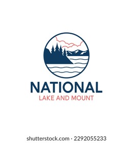 Lake view with hills and evergreen fir pine trees and mountain nature simple logo design inspiration