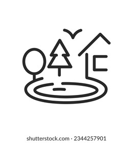 Lake View House Icon. Vector Outline Editable Sign Illustrating a Wooden Cabin in the Woods for Nature Getaway. Linear Minimal Illustration.