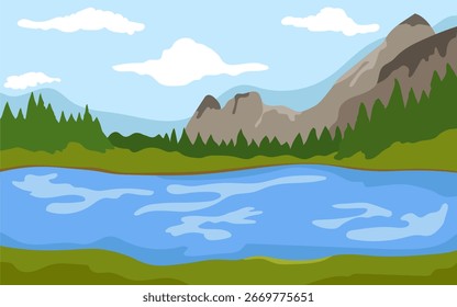 Seeblick mit Pinienwald und Felsberg in der hinteren Illustration.ai