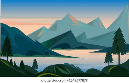 Lake view vector Illustration evening